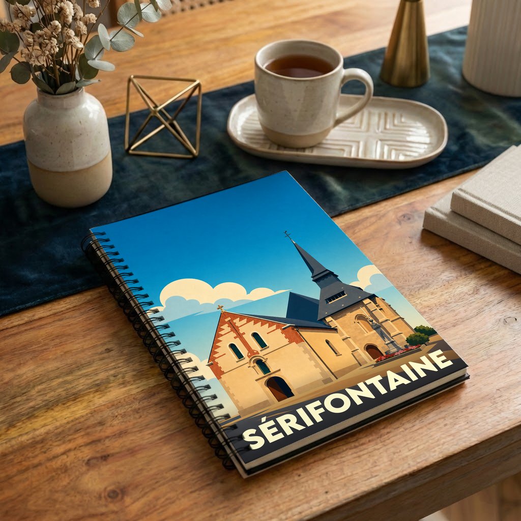 Carnet à spirales souvenir de la ville de Sérifontaine avec une illustration stylisée de son église.