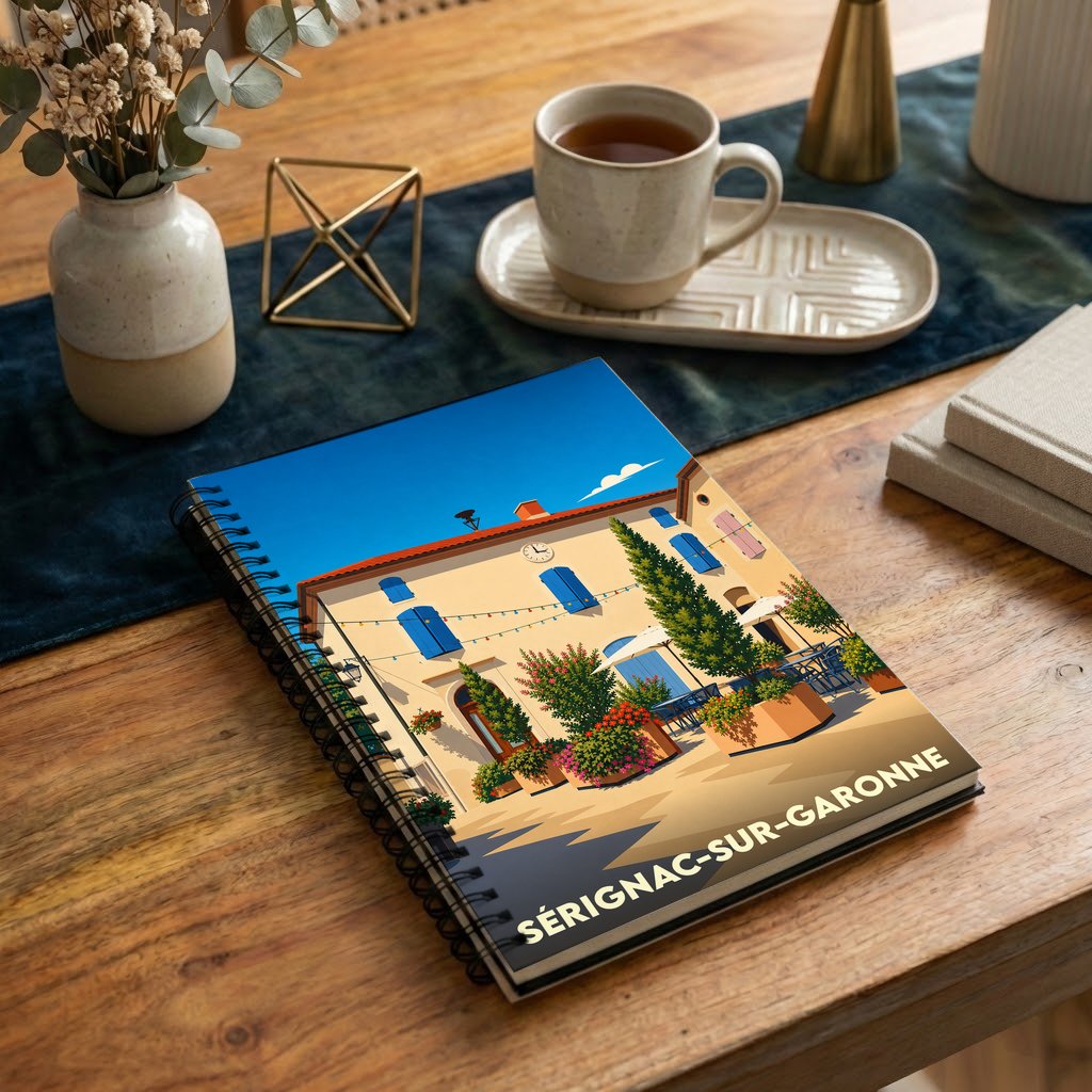 Carnet de notes à spirales avec une illustration stylisée de la ville de Sérignac-sur-Garonne.