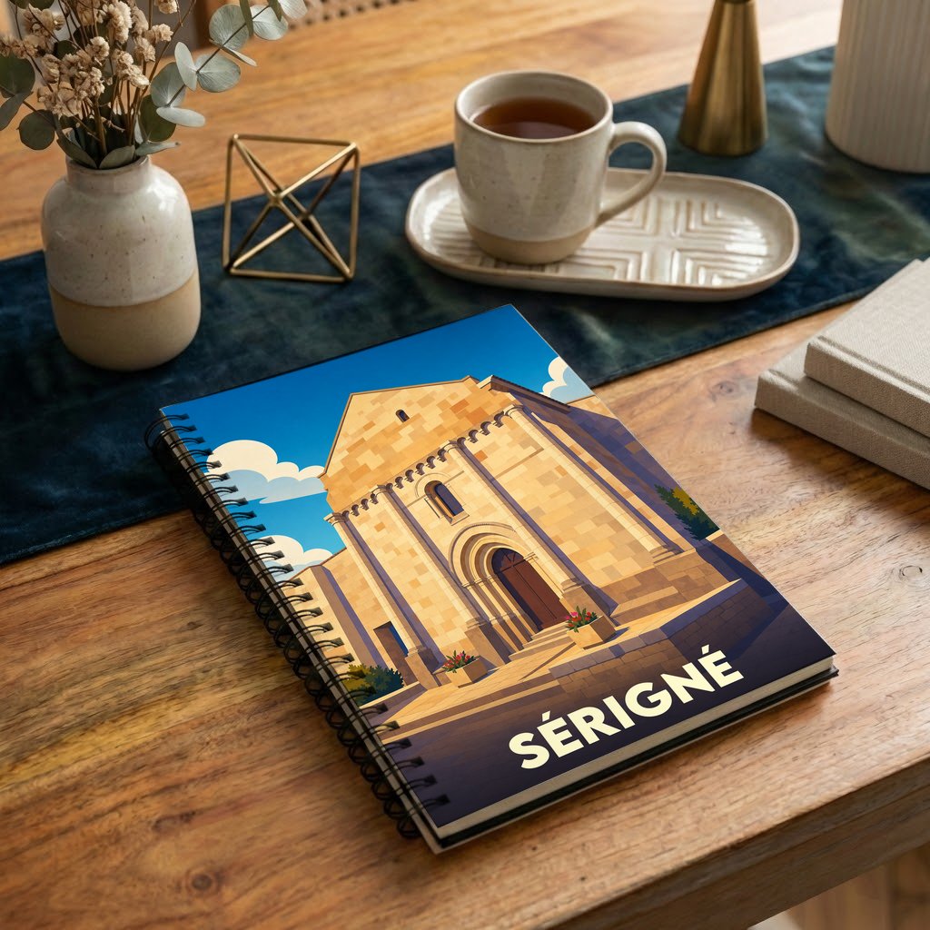 Carnet souvenir de la ville de Sérigné illustré d'une église de style roman sous un ciel bleu.