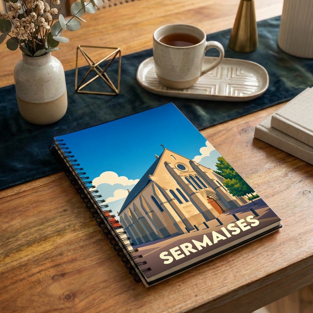 Carnet souvenir de la ville de Sermaises avec une illustration stylisée de son église.