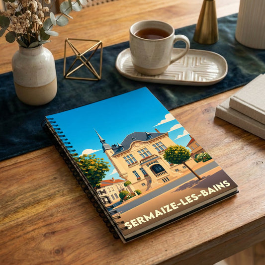 Carnet souvenir de la ville de Sermaize-les-Bains avec une illustration colorée de l'hôtel de ville.