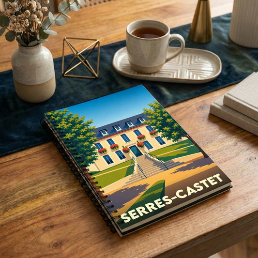 Carnet à spirales souvenir de la ville de Serres-Castet avec une illustration stylisée.