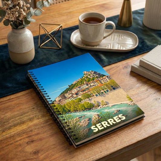 Carnet souvenir de la ville de Serres avec une illustration stylisée d'un village provençal au bord de l'eau.