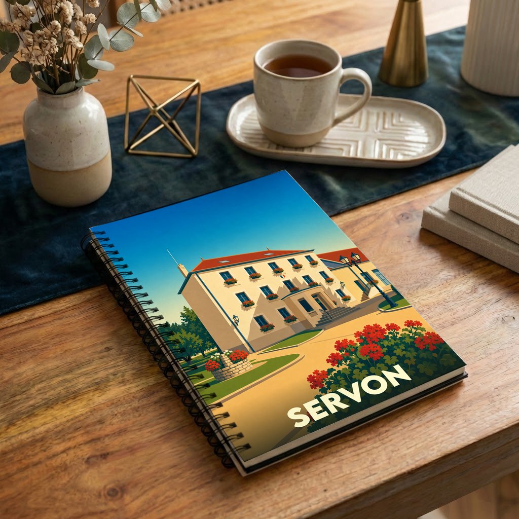 Carnet à spirales souvenir de la ville de Servon avec une illustration colorée et stylisée de son hôtel de ville.