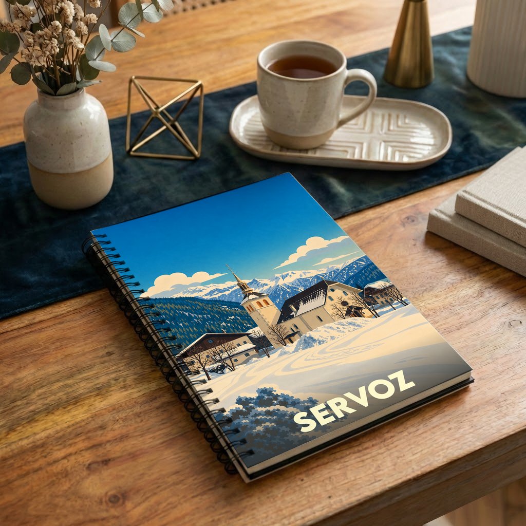 Carnet à spirale souvenir de la ville de Servoz avec une illustration hivernale stylisée.
