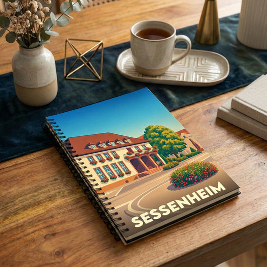 Carnet à spirales souvenir de la ville de Sessenheim avec une illustration stylisée.
