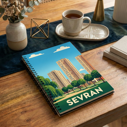Carnet souvenir de la ville de Sevran avec une illustration urbaine stylisée.