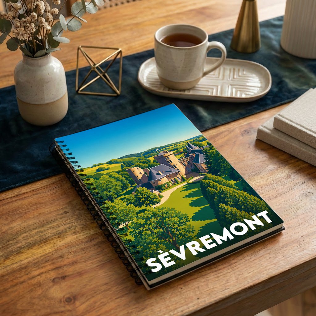 Carnet à spirales souvenir de la ville de Sèvremont avec une illustration stylisée de son paysage et patrimoine.