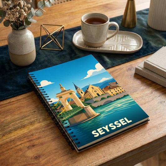 Carnet à spirales souvenir de la ville de Seyssel avec une illustration stylisée d'un pont et de son église en bord de rivière.
