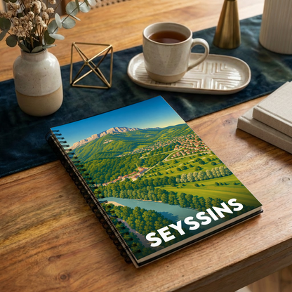 Carnet souvenir de la ville de Seyssins avec une illustration paysagère stylisée.
