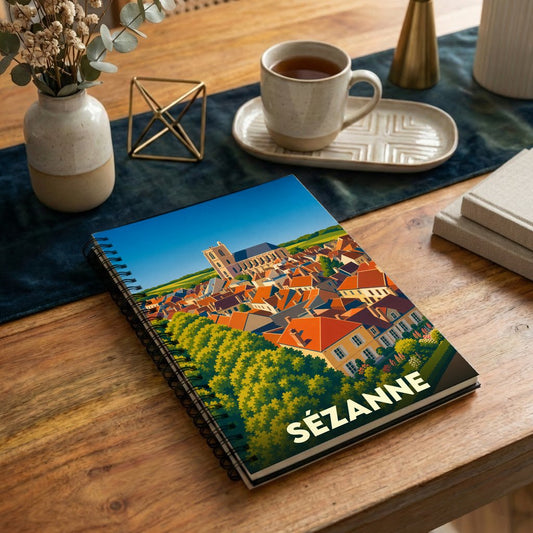 Carnet à spirales souvenir de la ville de Sézanne avec une illustration stylisée et colorée.