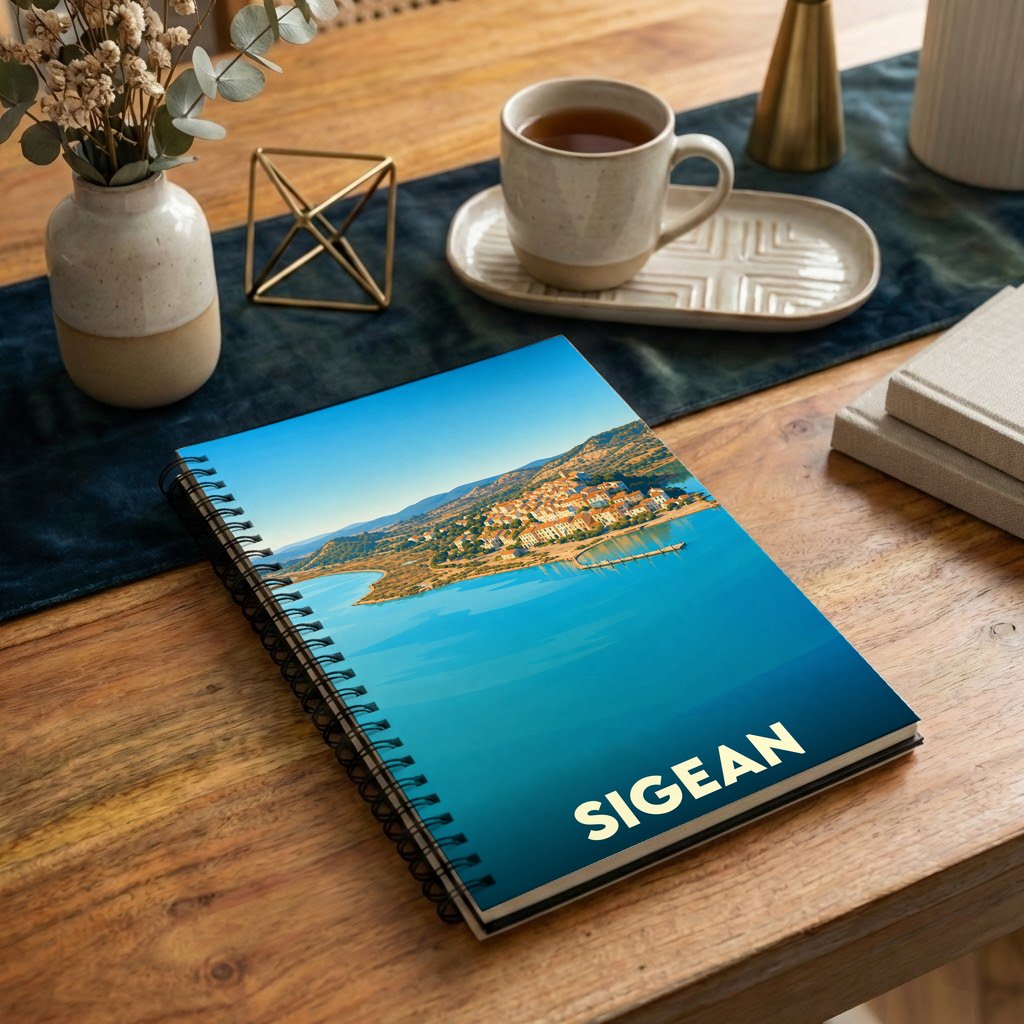 Carnet à spirales souvenir de la ville de Sigean avec une illustration stylisée de son paysage côtier.