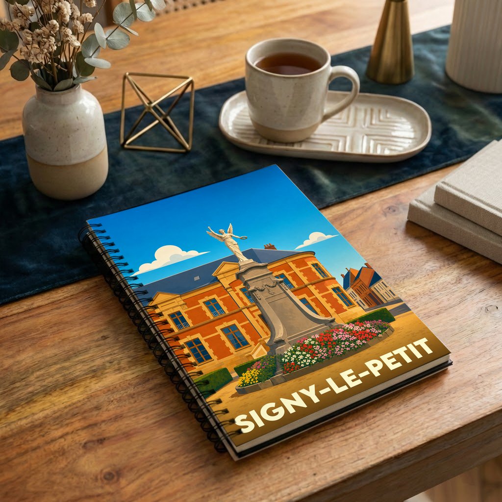 Carnet à spirales souvenir de la ville de Signy-le-Petit avec une illustration stylisée de son monument central et de son architecture.