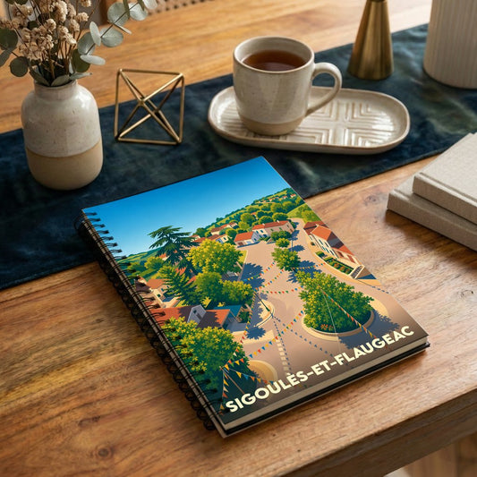 Carnet à spirales souvenir de la ville de Sigoulès-et-Flaugeac avec une illustration stylisée et colorée.