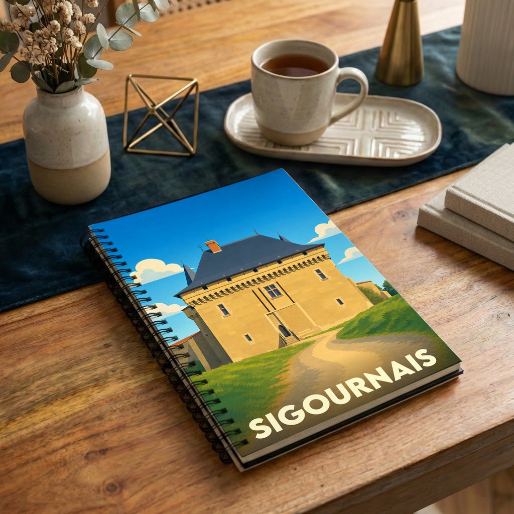 Carnet souvenir de la ville de Sigournais illustré par un dessin stylisé de son château.