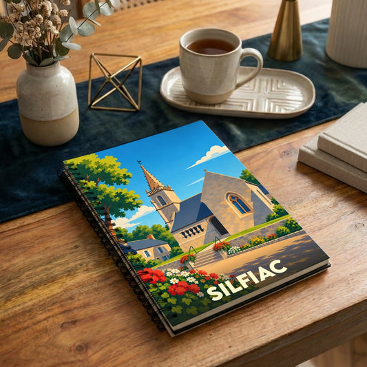 Carnet souvenir de la ville de Silfiac avec une illustration stylisée d'une église sous un ciel bleu.