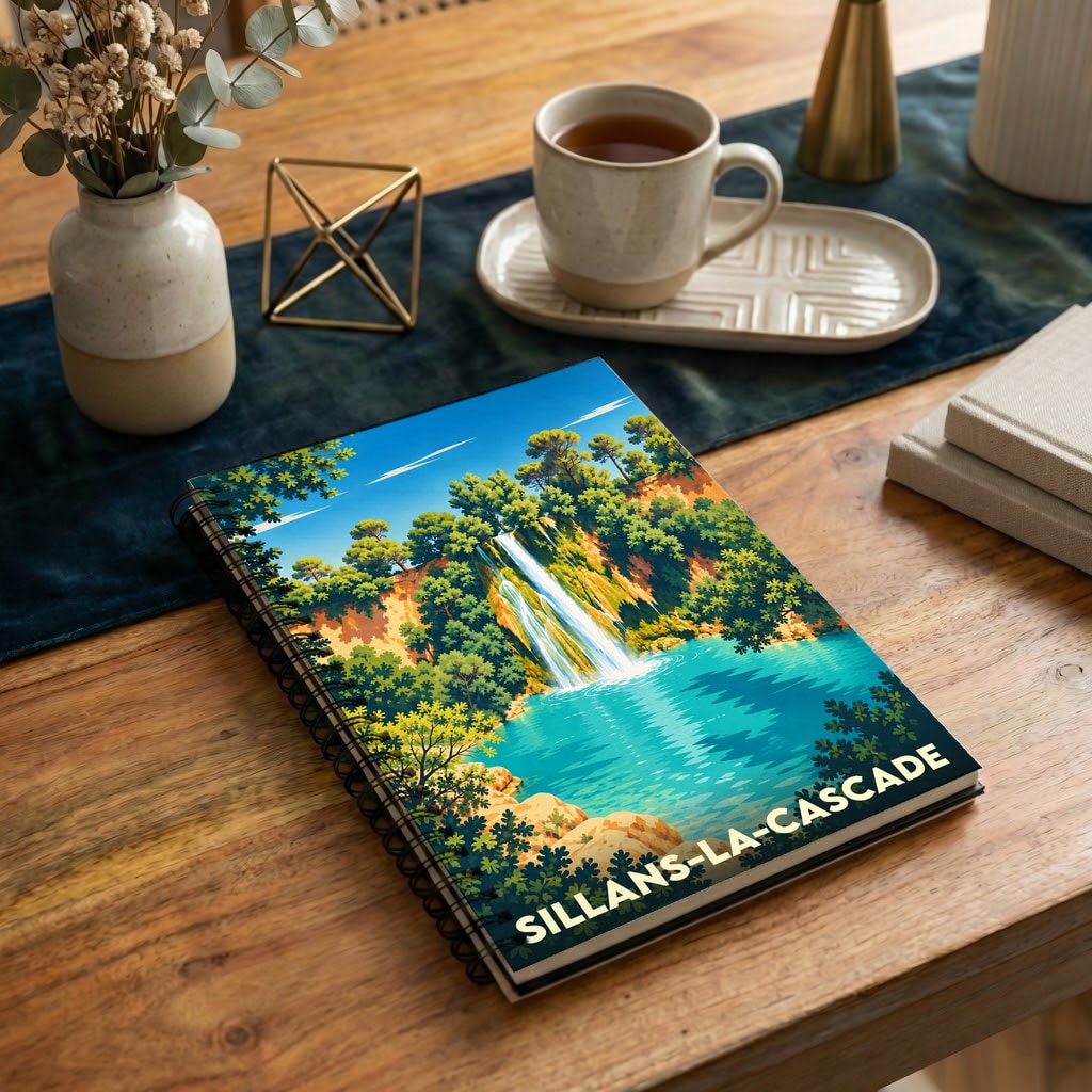 Carnet souvenir de la ville de Sillans-la-Cascade avec une illustration stylisée de sa cascade.