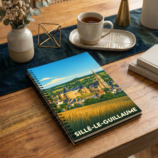 Carnet à spirales souvenir de la ville de Sillé-le-Guillaume avec une illustration stylisée de son château et de son église.
