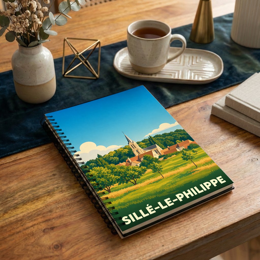 Carnet à spirales souvenir de la ville de Sillé-le-Philippe avec une illustration stylisée de son église et de ses paysages.