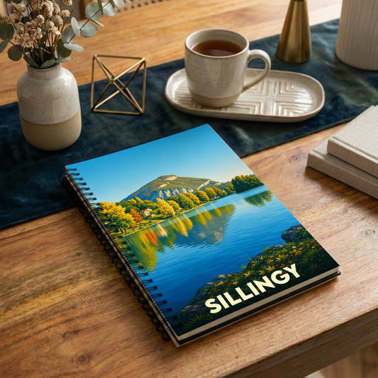 Carnet souvenir de la ville de Sillingy avec une illustration stylisée d'un lac de montagne en automne.