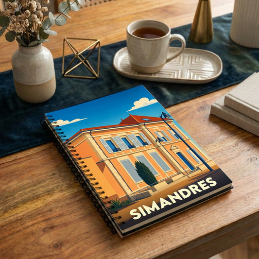 Carnet souvenir de la ville de Simandres avec une illustration stylisée de sa mairie.