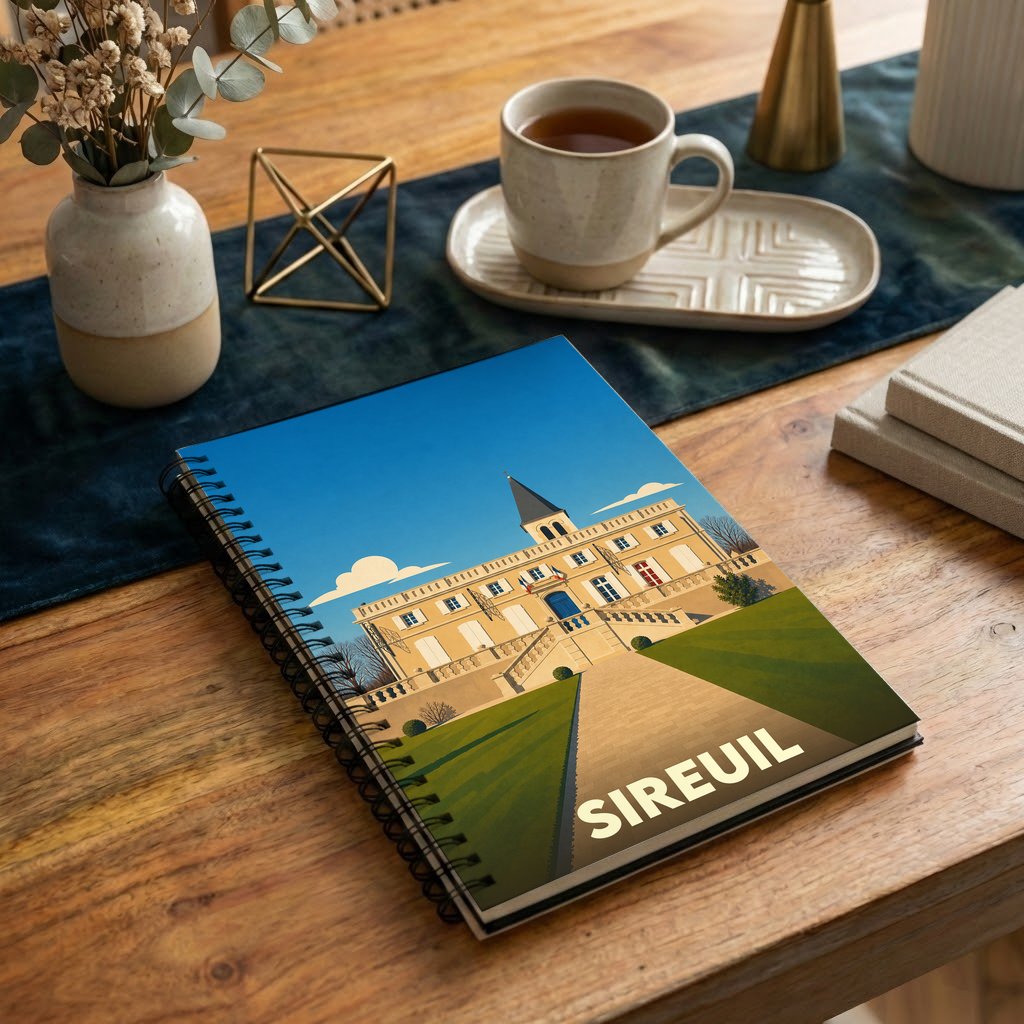 Carnet de notes souvenir de la ville de Sireuil avec une illustration stylisée d'un bâtiment historique.