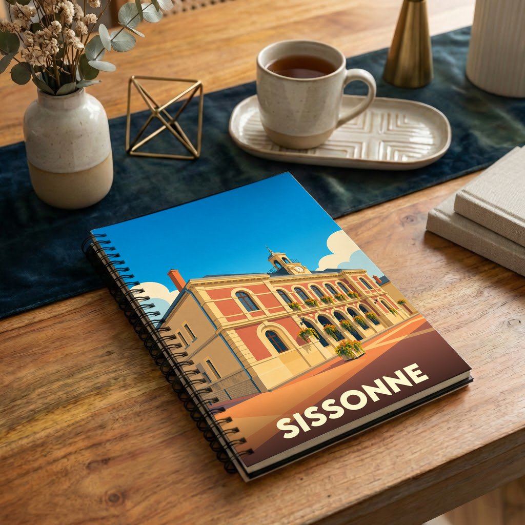 Carnet à spirales souvenir de la ville de Sissonne avec une illustration stylisée de son hôtel de ville.
