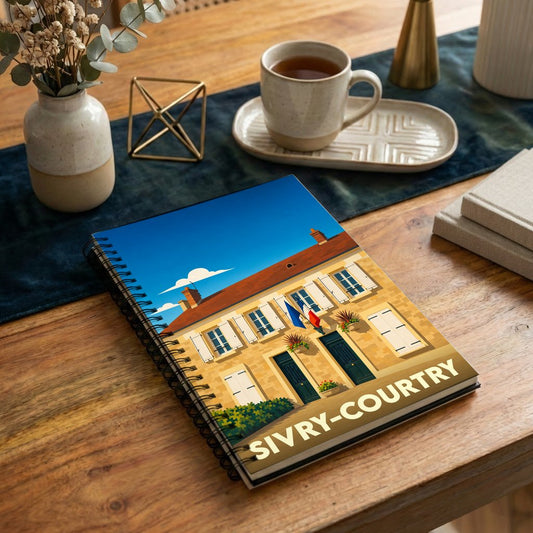 Carnet à spirales souvenir de la ville de Sivry-Courtry avec une illustration stylisée.