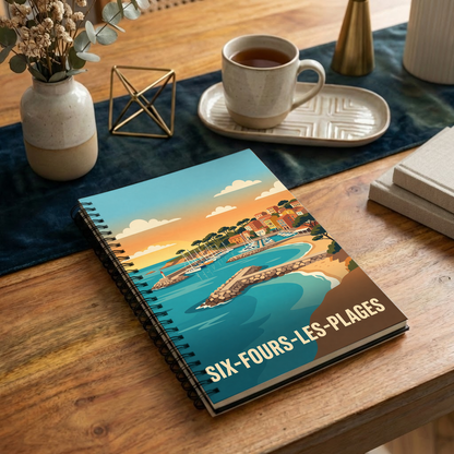 Carnet souvenir de la ville de Six-Fours-les-Plages avec une illustration stylisée.