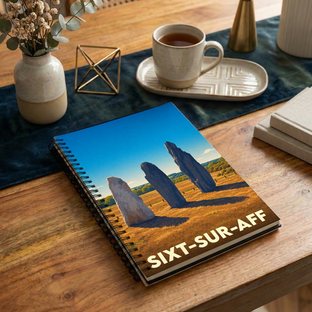 Carnet de notes souvenir de la ville de Sixt-sur-Aff avec une illustration stylisée de menhirs au coucher du soleil.