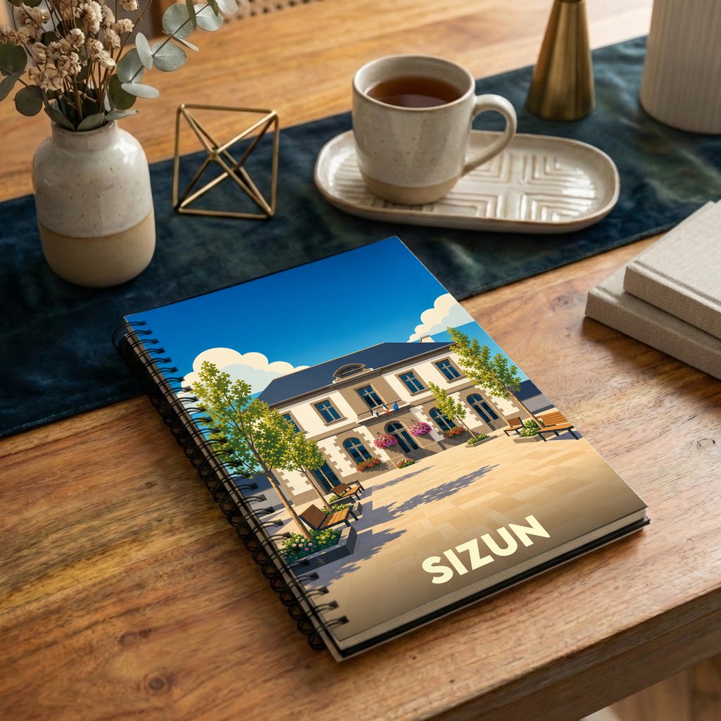 Carnet à spirales souvenir de la ville de Sizun avec une illustration stylisée de sa mairie ensoleillée.