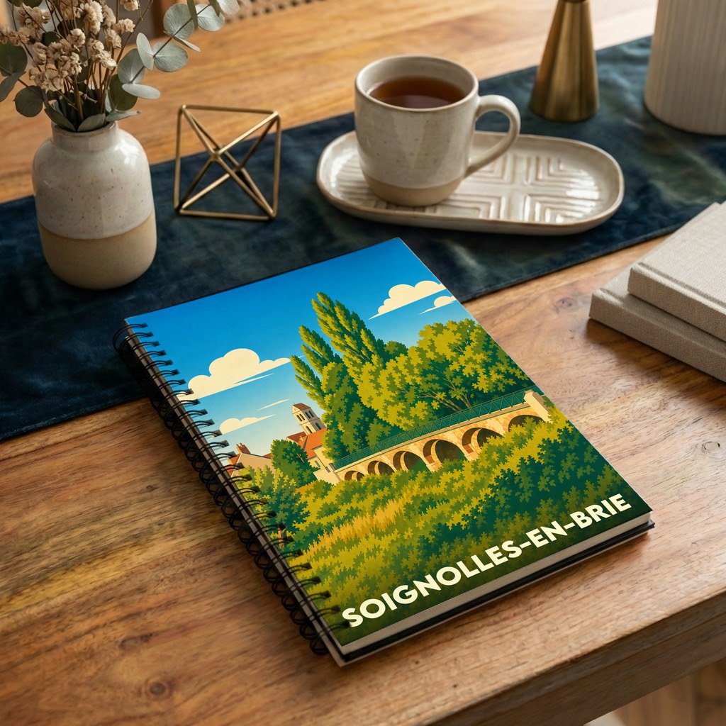 Carnet souvenir de la ville de Soignolles-en-Brie avec une illustration stylisée.