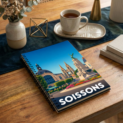 Carnet souvenir de la ville de Soissons avec une illustration stylisée de ses monuments.