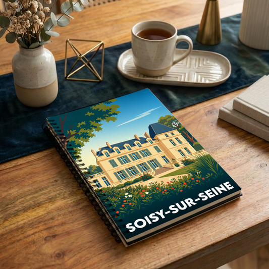 Carnet de notes souvenir de la ville de Soisy-sur-Seine avec une illustration stylisée de son château.