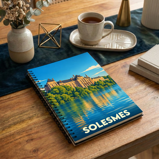 Carnet à spirales souvenir de la ville de Solesmes avec une illustration stylisée de son abbaye se reflétant dans la Sarthe.
