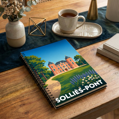 Carnet de notes souvenir de la ville de Solliès-Pont avec une illustration stylisée de son château.