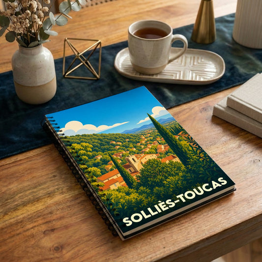 Carnet à spirales souvenir de la ville de Solliès-Toucas avec une illustration stylisée de son paysage provençal.