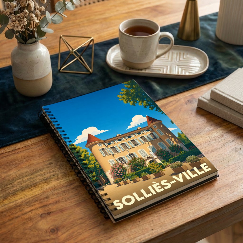 Carnet à spirales souvenir de Solliès-Ville avec une illustration stylisée d'un château provençal.