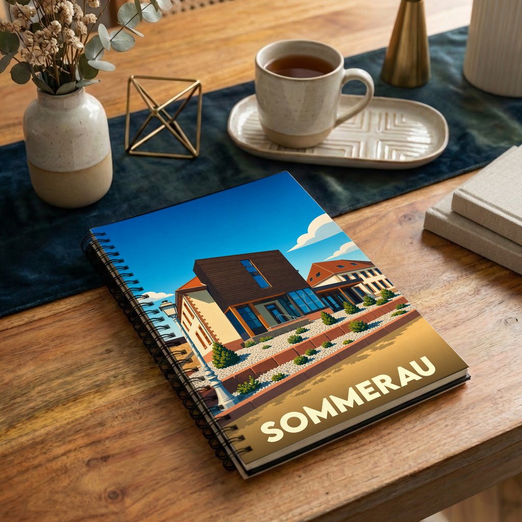 Carnet à spirales souvenir de la ville de Sommerau avec une illustration stylisée de son architecture.