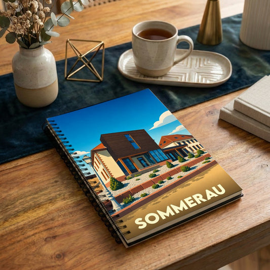 Carnet à spirales souvenir de la ville de Sommerau avec une illustration stylisée de son architecture.