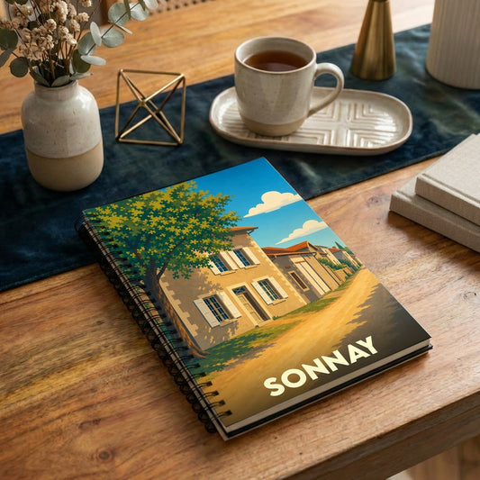 Carnet souvenir de la ville de Sonnay avec une illustration stylisée d'une rue ensoleillée.