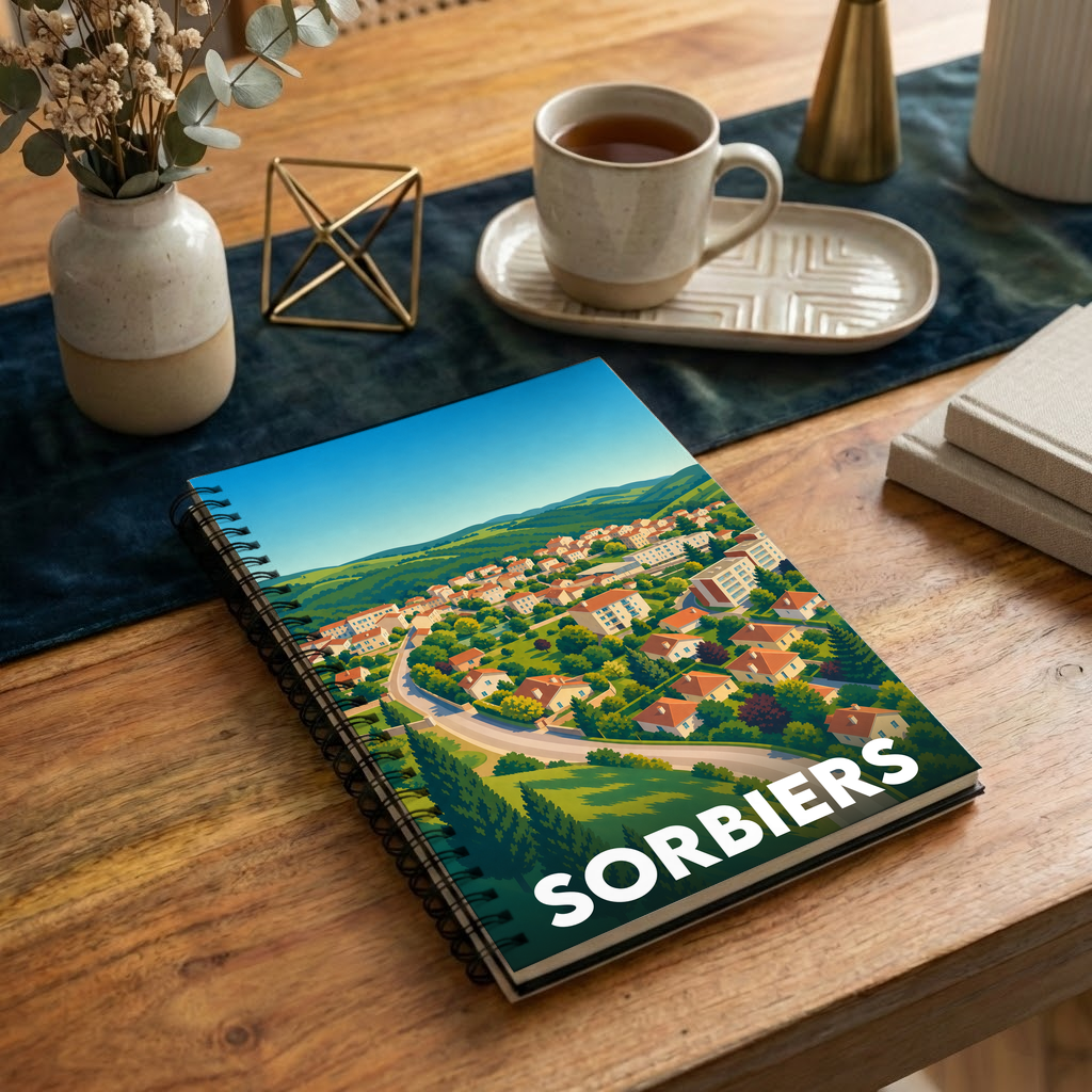 Carnet de notes souvenir de la ville de Sorbiers avec une illustration stylisée et colorée.