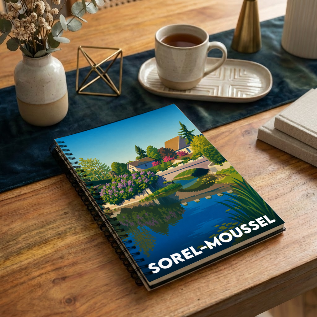 Carnet souvenir de la ville de Sorel-Moussel avec une illustration stylisée d'un paysage.