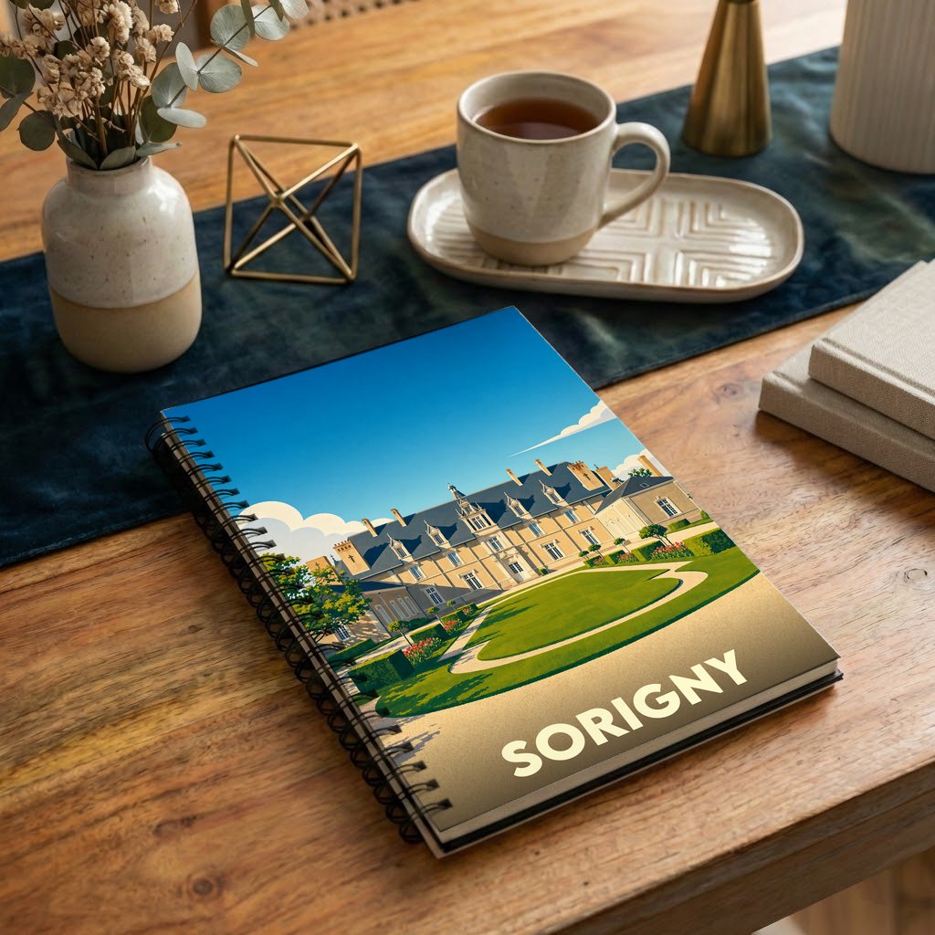 Carnet souvenir de la ville de Sorigny avec une illustration stylisée d'un château.