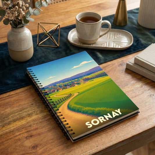 Carnet à spirales souvenir de la ville de Sornay avec une illustration de paysage champêtre stylisée.