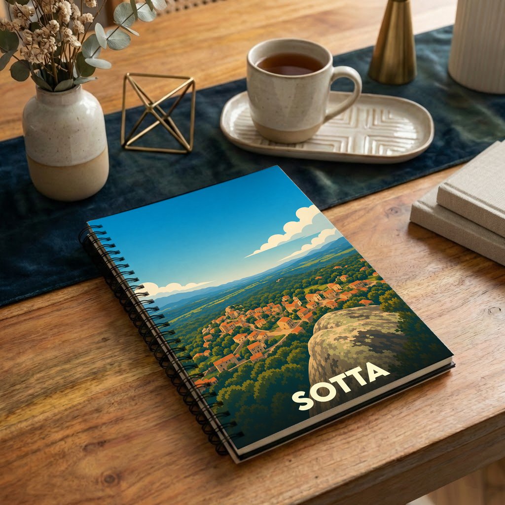 Carnet souvenir de la ville de Sotta avec une illustration stylisée d'un paysage corse.