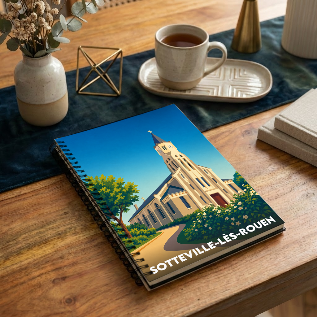 Carnet souvenir de la ville de Sotteville-lès-Rouen avec une illustration stylisée d'église.