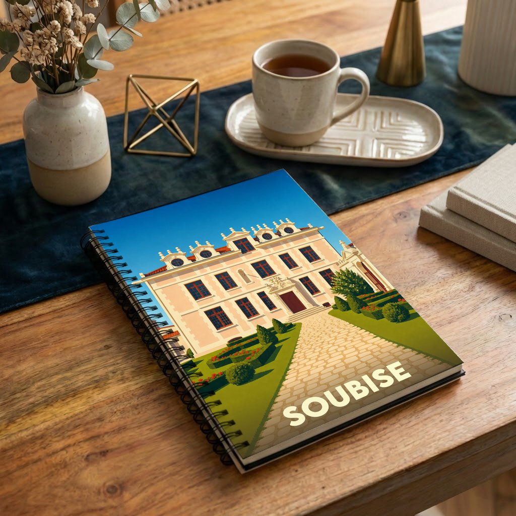 Carnet de notes souvenir de la ville de Soubise avec une illustration stylisée de l'hôtel de Rohan.