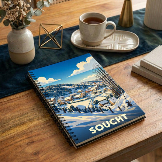 Carnet à spirales souvenir de la ville de Soucht avec une illustration stylisée d'un paysage hivernal enneigé.