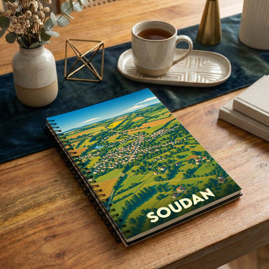 Carnet à spirales souvenir de la ville de Soudan avec une illustration aérienne stylisée de son paysage.